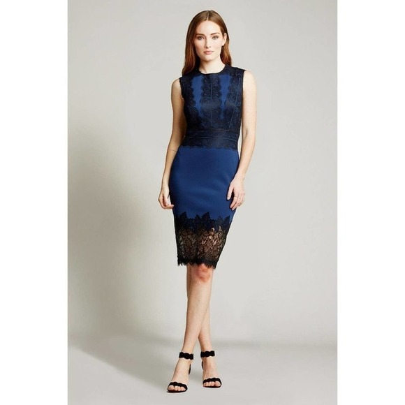 NWT TADASHI SHOJI MIDNIGHT  FERN NEOPRENE SHEATH DRESS WITH BLACK LACE SIZE-10 - Picture 1 of 16